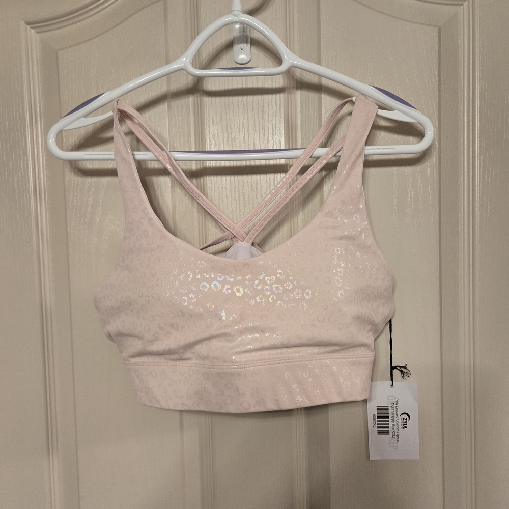 Zyia Light And Tight Sports Bra In Light Pink Leopard Print